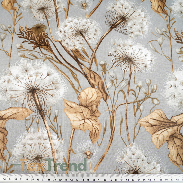 100% Baumwolle Pusteblumen und Blätter beige auf hellgrauem Hintergrund - 220cm