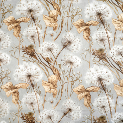 100% Baumwolle Pusteblumen und Blätter beige auf hellgrauem Hintergrund - 220cm