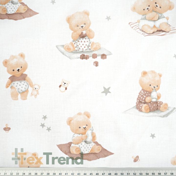 100% Baumwolle Baby Bären beige mit grauen Sternen auf weißem Hintergrund
