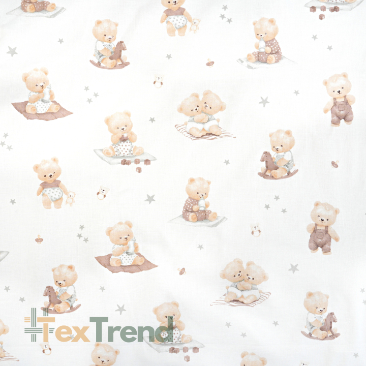 100% Baumwolle Baby Bären beige mit grauen Sternen auf weißem Hintergrund