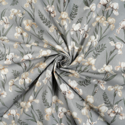 100% Baumwolle mit weißen Irisblumen auf grauem Hintergrund