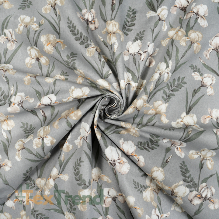 100% Baumwolle mit weißen Irisblumen auf grauem Hintergrund