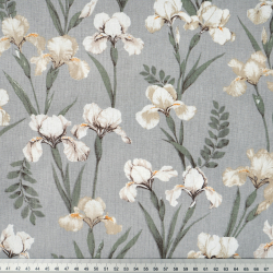 100% Baumwolle mit weißen Irisblumen auf grauem Hintergrund