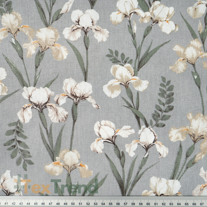 100% Baumwolle mit weißen Irisblumen auf grauem Hintergrund