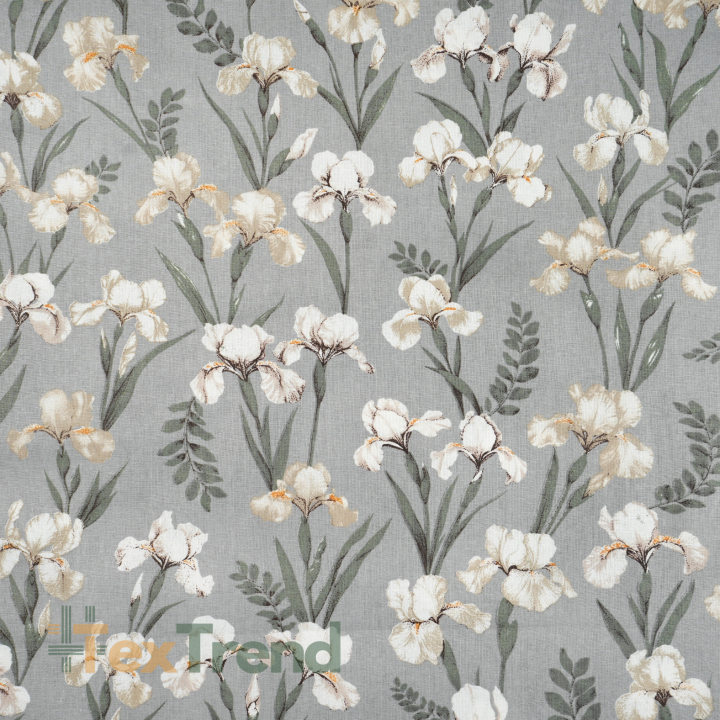 100% Baumwolle mit weißen Irisblumen auf grauem Hintergrund