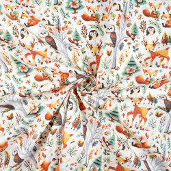 100% Baumwolle Tiere im herbstlichen Wald auf weißem Hintergrund