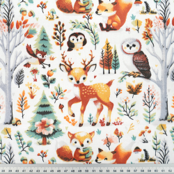 100% Baumwolle Tiere im herbstlichen Wald auf weißem Hintergrund