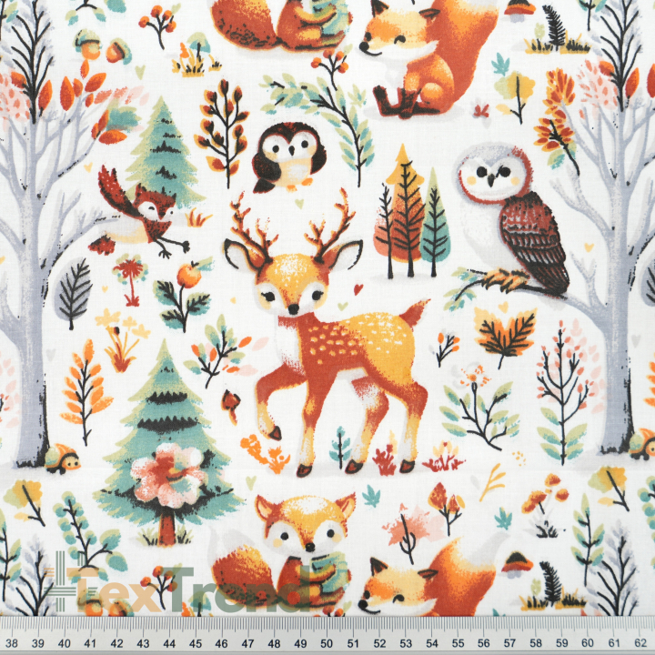 100% Baumwolle Tiere im herbstlichen Wald auf weißem Hintergrund