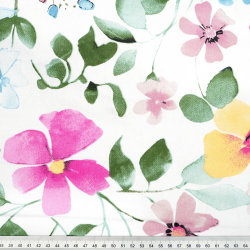 100% Baumwolle mit fuchsiengelben Blumen und grünen Blättern auf weißem Hintergrund