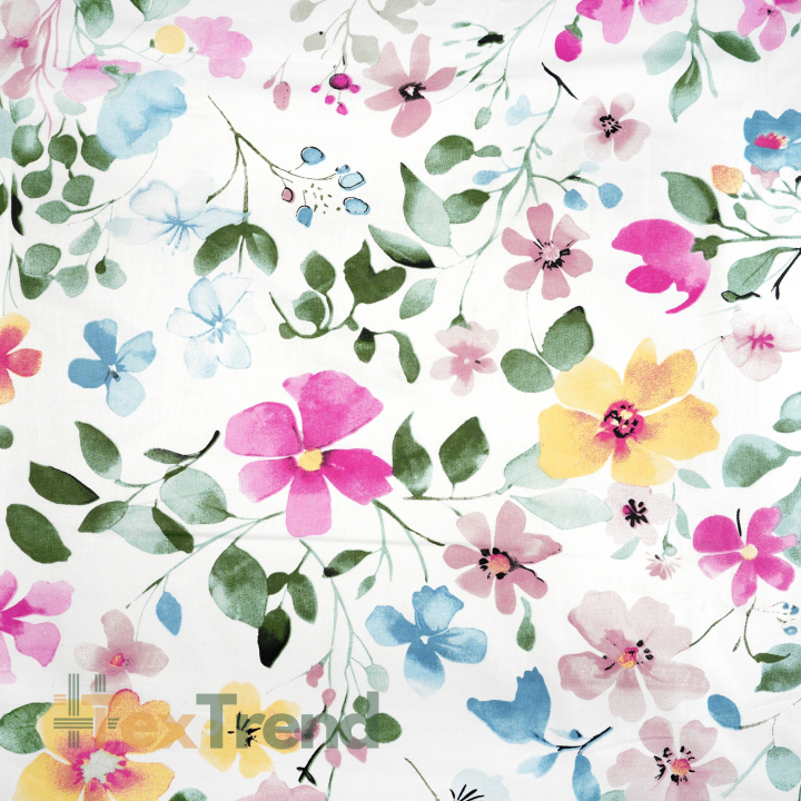 100% Baumwolle mit fuchsiengelben Blumen und grünen Blättern auf weißem Hintergrund