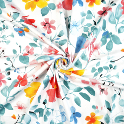 100% Baumwolle mit rot-gelben Blumen und türkisfarbenen Blättern auf weißem Hintergrund