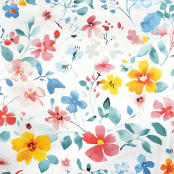 100% Baumwolle mit rot-gelben Blumen und türkisfarbenen Blättern auf weißem Hintergrund