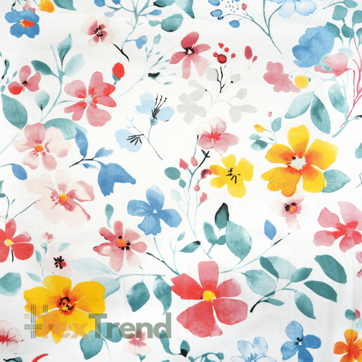 100% Baumwolle mit rot-gelben Blumen und türkisfarbenen Blättern auf weißem Hintergrund