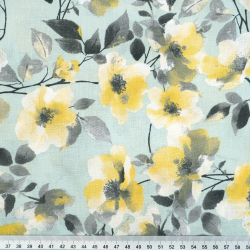 100% Baumwolle gelb-graue Blumen auf salbeigrünem Hintergrund