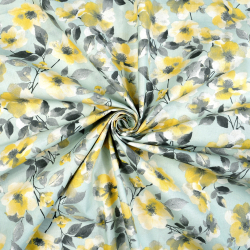 100% Baumwolle gelb-graue Blumen auf salbeigrünem Hintergrund