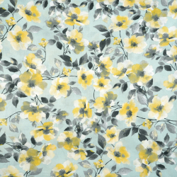 100% Baumwolle gelb-graue Blumen auf salbeigrünem Hintergrund