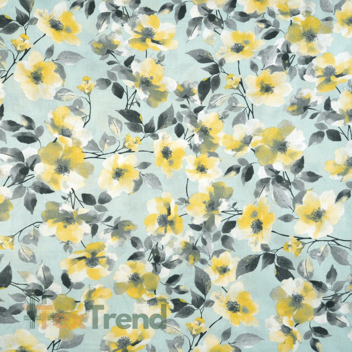 100% Baumwolle gelb-graue Blumen auf salbeigrünem Hintergrund