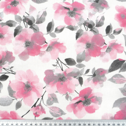 100% Baumwolle rosa-graue Blumen auf weißem Hintergrund