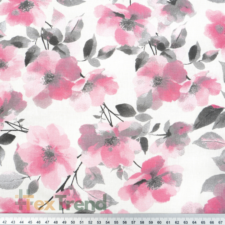 100% Baumwolle rosa-graue Blumen auf weißem Hintergrund