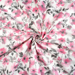 100% Baumwolle rosa-graue Blumen auf weißem Hintergrund