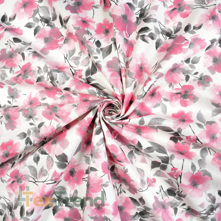 100% Baumwolle rosa-graue Blumen auf weißem Hintergrund