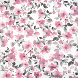 100% Baumwolle rosa-graue Blumen auf weißem Hintergrund