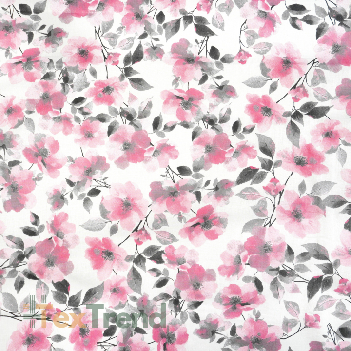 100% Baumwolle rosa-graue Blumen auf weißem Hintergrund