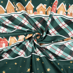 100% Baumwolle Weihnachtsmuster Lebkuchenhäuser auf grünem Hintergrund gestreift