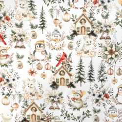 100% Baumwolle mit Weihnachtsmuster Vögel, Mäuse und Pinguine grün-beige