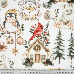 100% Baumwolle mit Weihnachtsmuster Vögel, Mäuse und Pinguine grün-beige