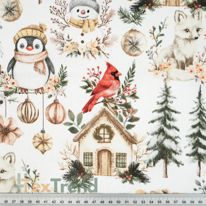 100% Baumwolle mit Weihnachtsmuster Vögel, Mäuse und Pinguine grün-beige