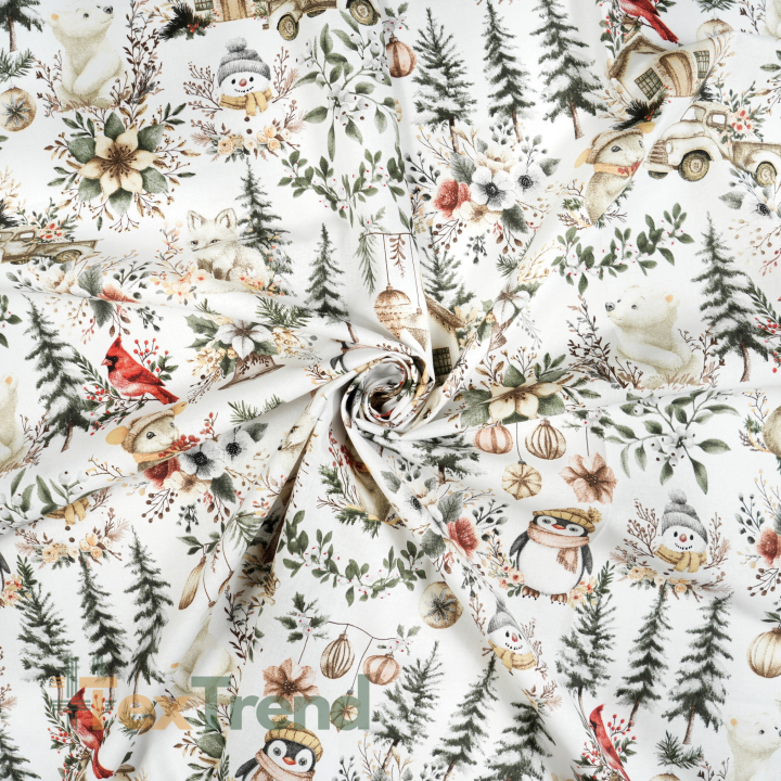 100% Baumwolle mit Weihnachtsmuster Vögel, Mäuse und Pinguine grün-beige