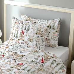 100% Baumwolle mit Weihnachtsmuster Vögel, Mäuse und Pinguine grün-beige