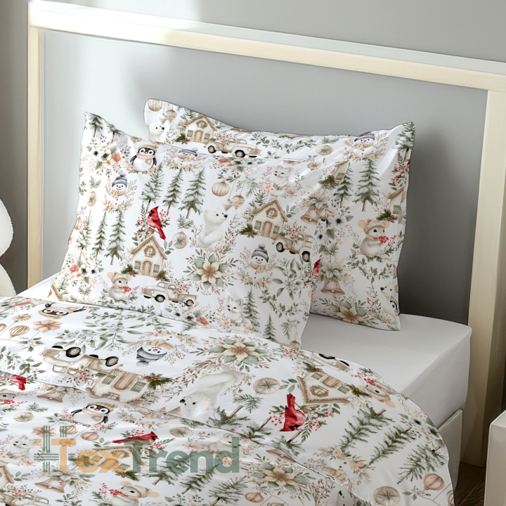 100% Baumwolle mit Weihnachtsmuster Vögel, Mäuse und Pinguine grün-beige