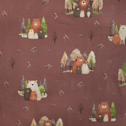 100% Baumwolle Tiere Bärenfamilien im herbstlichen Wald auf braunem Hintergrund