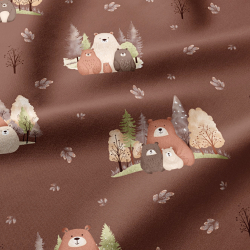 100% Baumwolle Tiere Bärenfamilien im herbstlichen Wald auf braunem Hintergrund