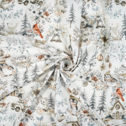 100% Baumwolle mit Weihnachtsmuster Vögel, Mäuse und Pinguine grau-beige