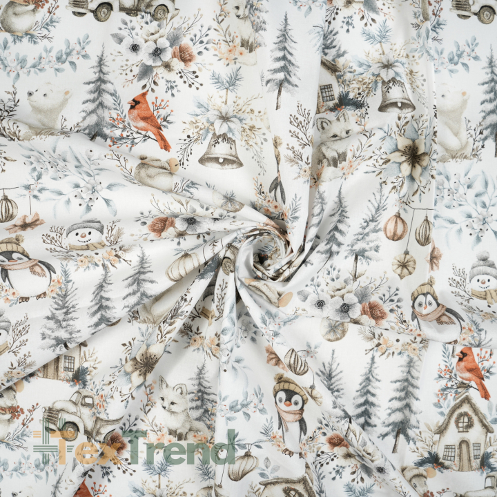 100% Baumwolle mit Weihnachtsmuster Vögel, Mäuse und Pinguine grau-beige