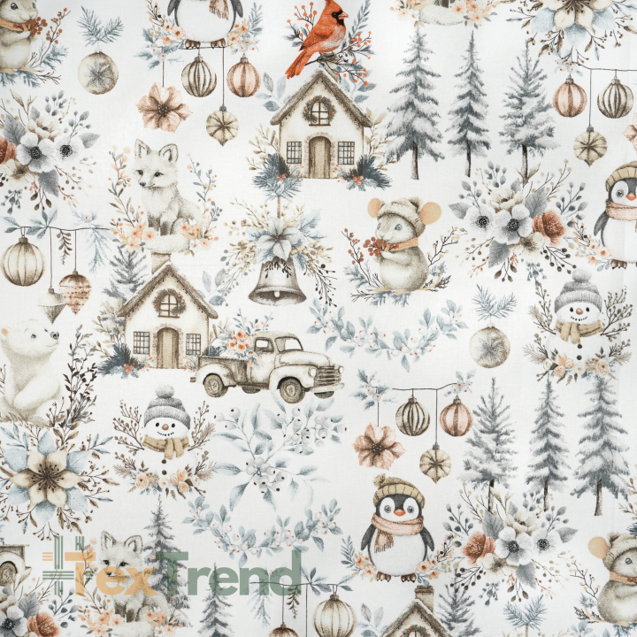 100% Baumwolle mit Weihnachtsmuster Vögel, Mäuse und Pinguine grau-beige