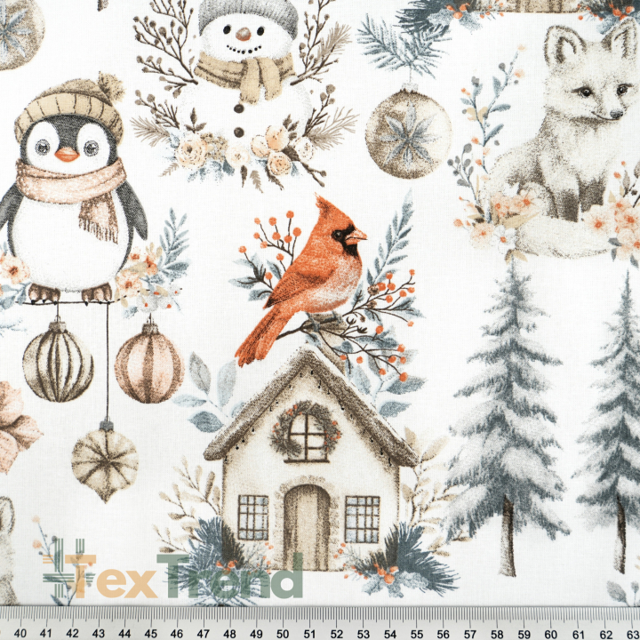 100% Baumwolle mit Weihnachtsmuster Vögel, Mäuse und Pinguine grau-beige