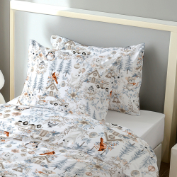 100% Baumwolle mit Weihnachtsmuster Vögel, Mäuse und Pinguine grau-beige