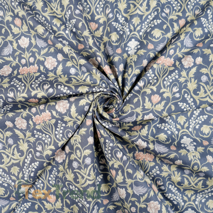 100% Baumwolle mit floralem Vintage-Ornament auf Jeans-Hintergrund