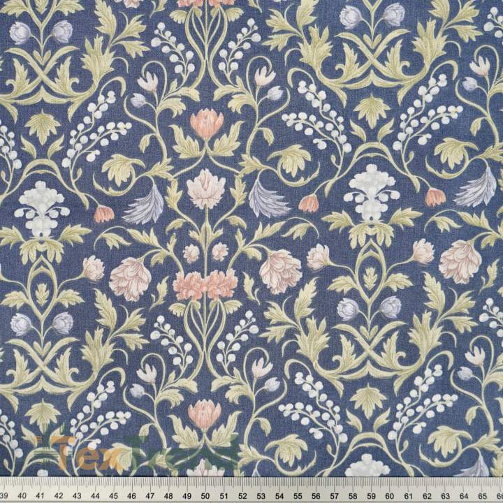 100% Baumwolle mit floralem Vintage-Ornament auf Jeans-Hintergrund