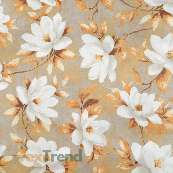100% Baumwolle Magnolienblüten auf beigem Hintergrund