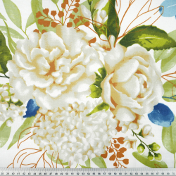 100% Baumwolle Blumen und Eukalyptus blau-grün auf weißem Hintergrund