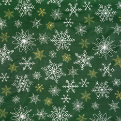 100% Baumwolle Weihnachtsmuster Schneeflocken gold-weiß auf grünem Hintergrund