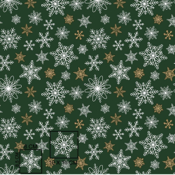 100% Baumwolle Weihnachtsmuster Schneeflocken gold-weiß auf grünem Hintergrund