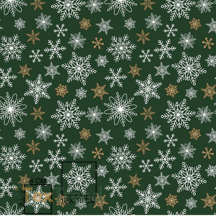 100% Baumwolle Weihnachtsmuster Schneeflocken gold-weiß auf grünem Hintergrund