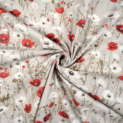 100% Baumwolle Mohnblumen rot-weiß auf beigem Hintergrund