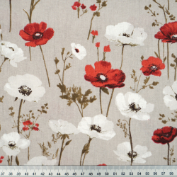 100% Baumwolle Mohnblumen rot-weiß auf beigem Hintergrund